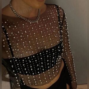 Pearls and Rhinestones Sheer Mesh Crop